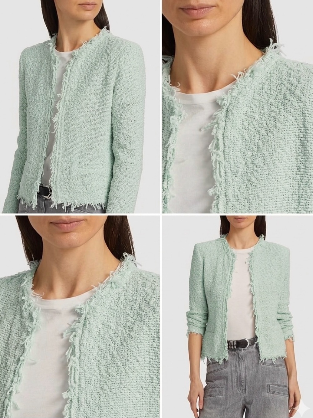 IRO Shavani Fringed Boucle Knit Long Sleeve Open Jacket Blazer Eau de Nil 38